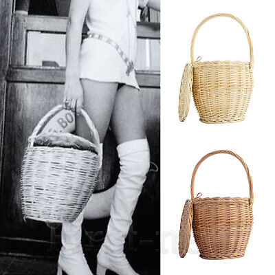 100% Handmade Wicker Basket Bag With Lid Tote Large Woven Straw Bamboo Handbag