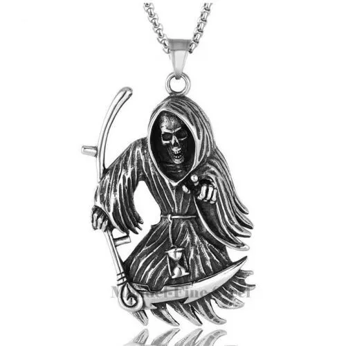 Mens Gothic Death Skull Grim Reaper Necklace Pendant Stainless Steel Men Gift