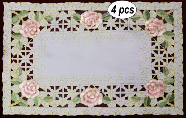 4PCS Spring Easter Embroidered Rose Daisy Floral Cutwork Placemats 11x17" Ivory