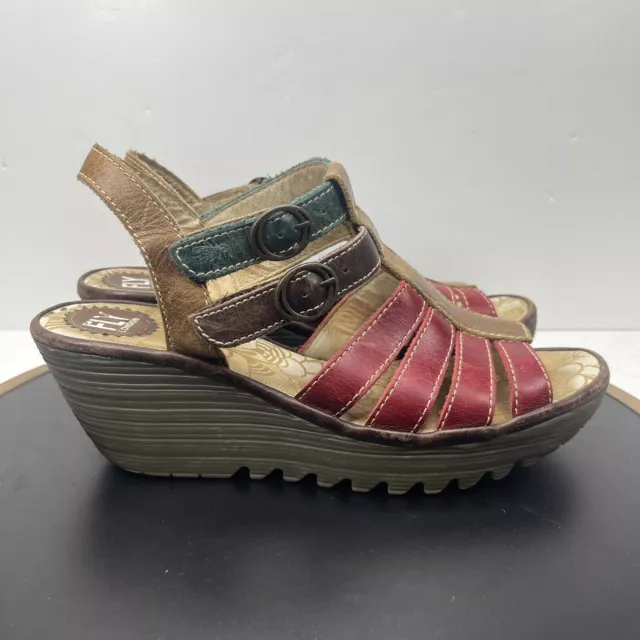 Fly London Ygor Leather Strappy Wedge Sandals Women’s Size 41 US 10