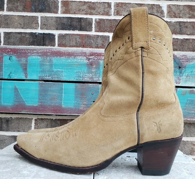 FRYE STYLE 77105 Tan Beige Suede Studded Short Cowgirl Boots Size