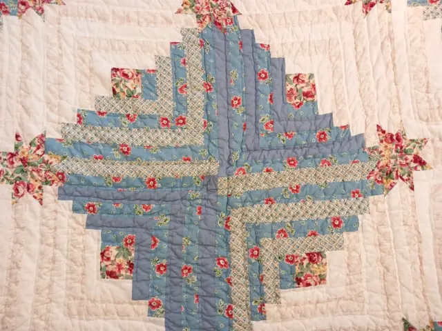 Pretty Blue White Floral Log Cabin Patchwork Quilt 1940s-Style Queen 88x92 PDK 2