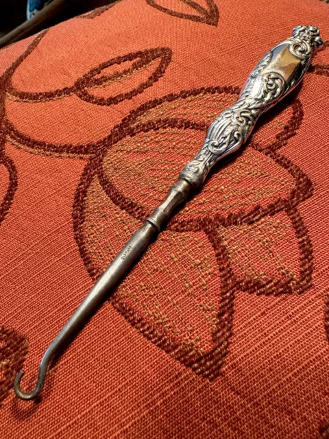 Antique Sterling Silver Handle Victorian Button Hook with Ornate Design GERMANY