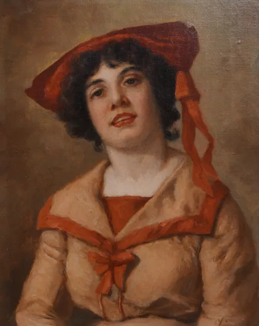 Sandorne Javorka, Junge Frau mit rotem Hut, Öl auf Leinen, um 1910