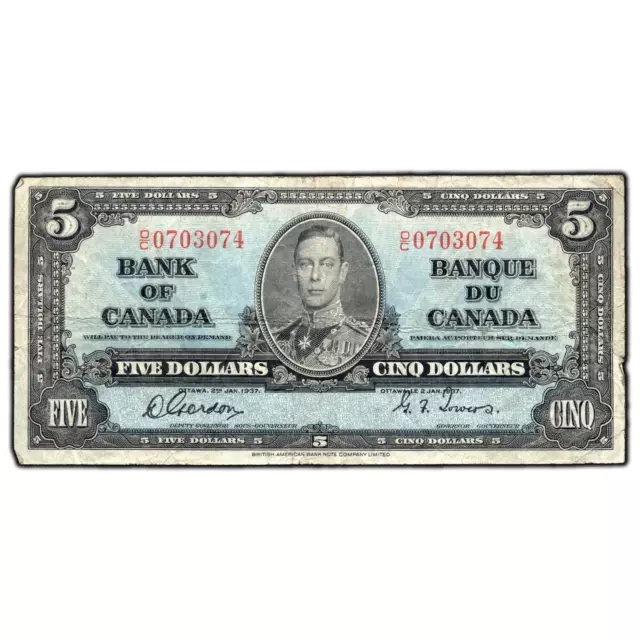 $5 1937 Bank of Canada Note Gordon-Towers O/C Prefix BC-23b