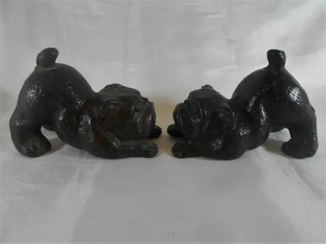 Superbe Paire De Sculpture / Figurine Chien " Bouledogue " En Bronze 2