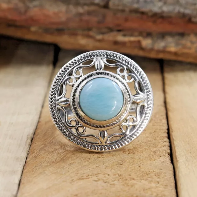 Larimar Gemstone Solid 925 Sterling Silver Jewelry Designer Women Ring Size US 8