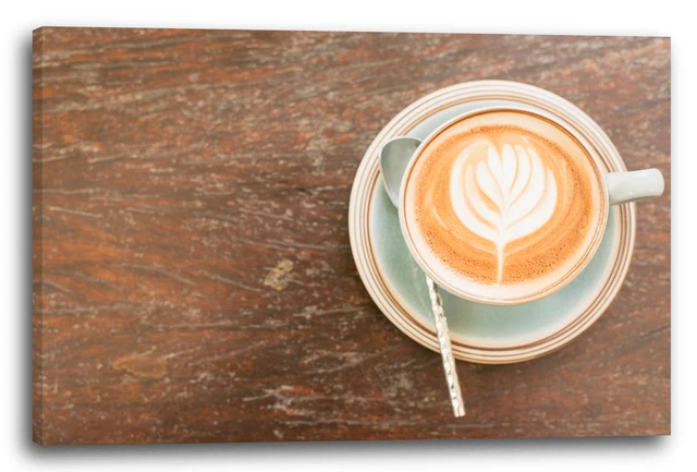 Canvas/Frames Essence Images Coffee Cappuccino Latte Art, Cup on Wooden Table