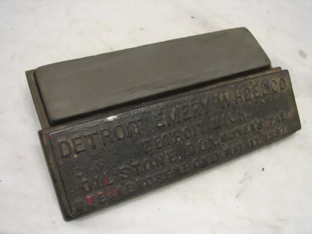 Antique Detroit Emery Wheel Co Cast Iron Whet Oil Stone Hone Box Tool Sharpening