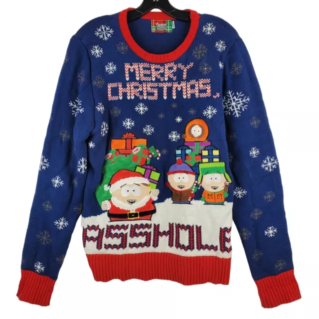 SOUTH PARK Sweater Adult Medium Blue MERRY CHRISTMAS A--HOLE Spell Out SPENCERS