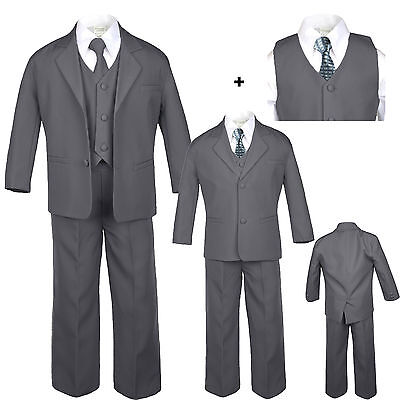 Baby Toddler Teen Formal Dark Grey Tuxedo 6pc Set Boy Suit Checkered Tie sz S-20