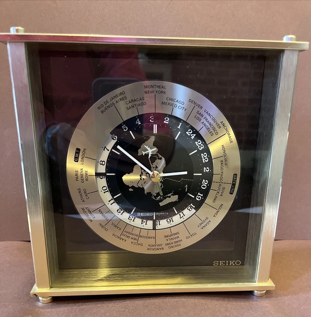 VINTAGE SEIKO QZ885A Quartz Brass World Time Desk Clock/ Airplane