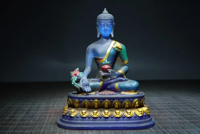 Chinese Colored Glazed Carved Sakyamuni Medicine Buddha Painted Statue Sculpture
