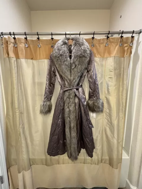 Fabulous Furs Women's Size L Light Pastel Pink Long Trench Coat Silver/White Fur