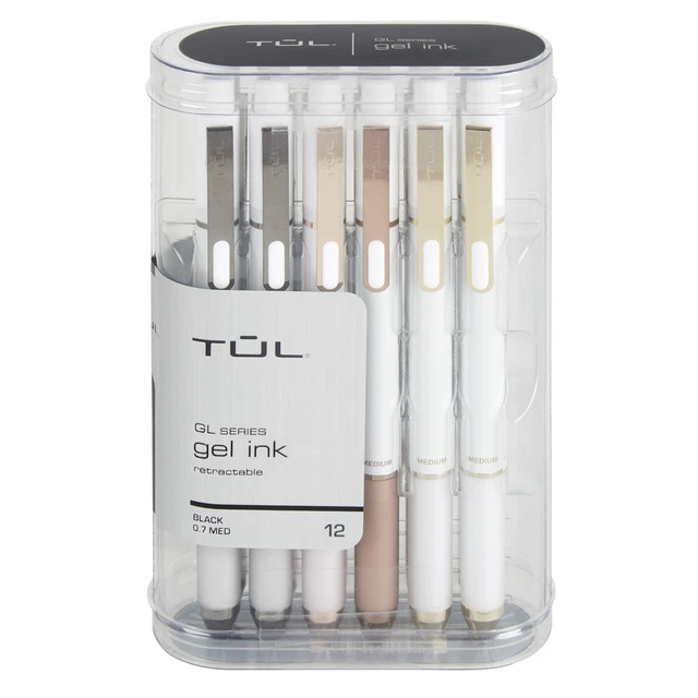 TUL Retractable Gel Pens, Medium Point, 0.7 mm, Pearl White, Black Ink, 12-Pack