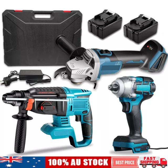 Cordless Brushless 3Pcs Tool 2X 3AH Combo Kit Grinder Impact Wrench Hammer Drill