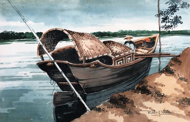 Acuarela vietnamita antigua, Firma para identificar, Artes asiáticas, XX