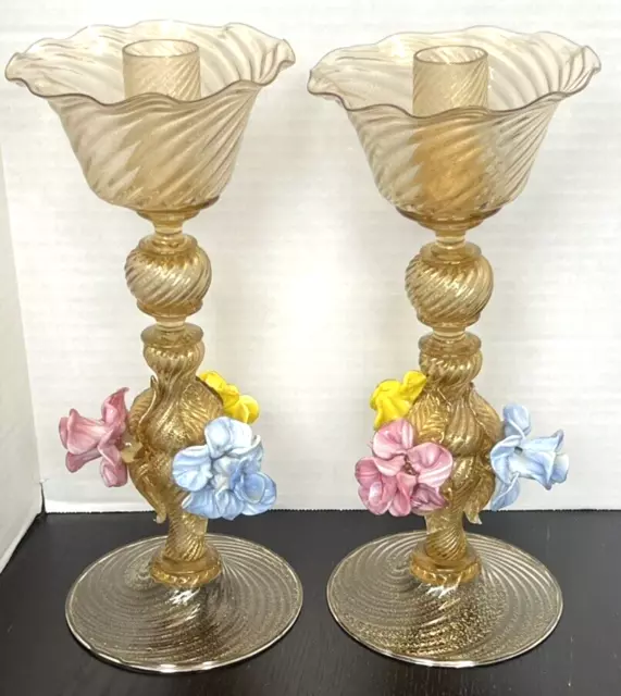 Salviati Murano Venetian Glass Italian Gold Fleck Pair Candle Holders 1940's