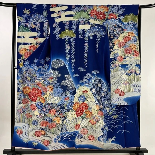 Japanese Kimono Furisode Pure Silk Flowering Plant Running Water Indigo Blue