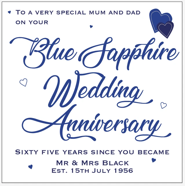 PERSONALISED 65TH BLUE Sapphire Wedding Anniversary Card Husband Wife ...
