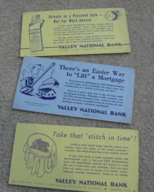 Lot of 3 Vintage 1950s Advertising Ink Blotter Valley National Bank - Arizona