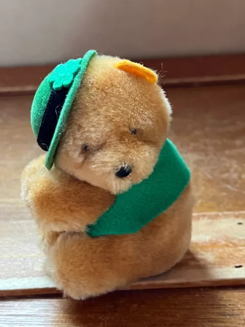 Vintage Dakin Small Brown Plush Teddy Bear w St. Patrick’s Day Green Hat & Vest