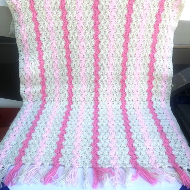 Crocheted Afghan Baby Blanket Pink/Lt. Pink/Cream  32” Wide x 50” Long