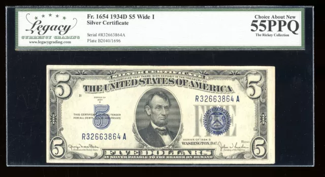 DBR 1934-D $5 Silver Fr. 1654Wi Wide I RA Block Legacy 55 PPQ Serial R32663864A