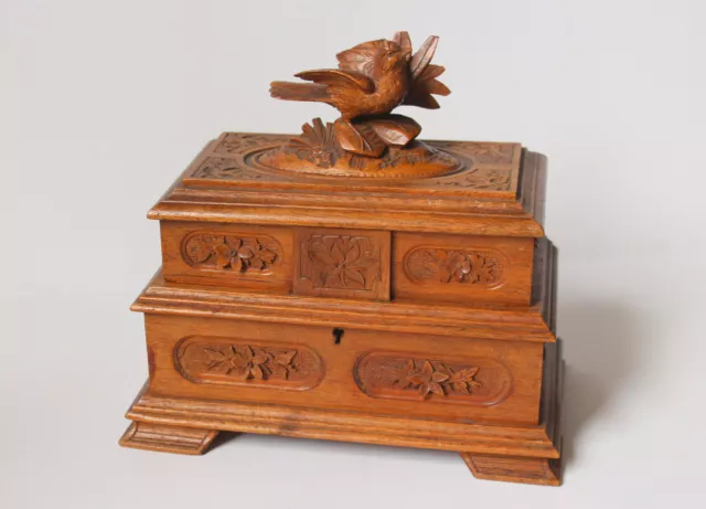 Antique Black Forest Carved Wood Trinket Jewellery Chest Box Casket Bird Hinged