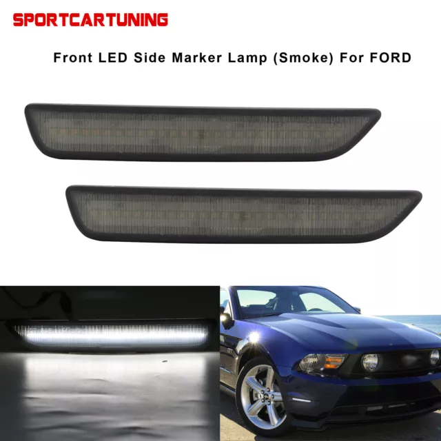 White LED Front Bumper Side Marker Lights For 2010-2014 Ford Mustang Smoked Lens