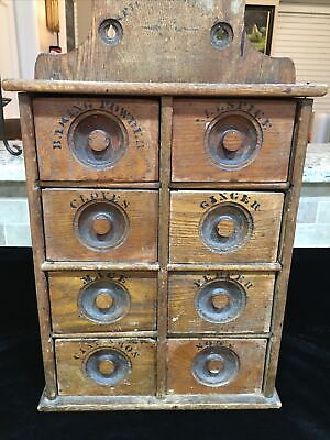 VTG Wooden Spice Rack 8 Drawer Cabinet With Stencil Style Words