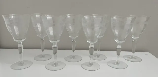 8 Clear Glass Stemmed Goblet Water Wine Delicate 8" Tall Beverage Etched Leaves