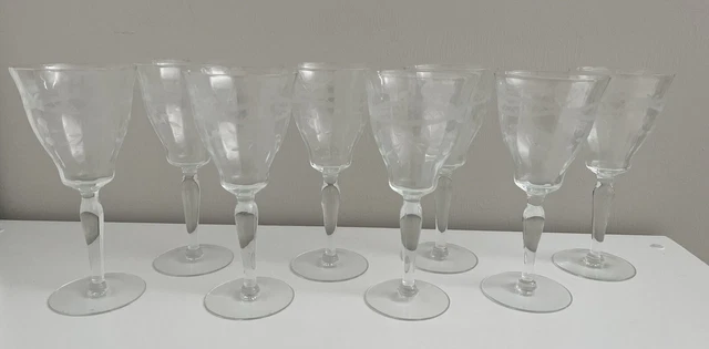 8 Clear Glass Stemmed Goblet Water Wine Delicate 8" Tall Beverage Etched Leaves