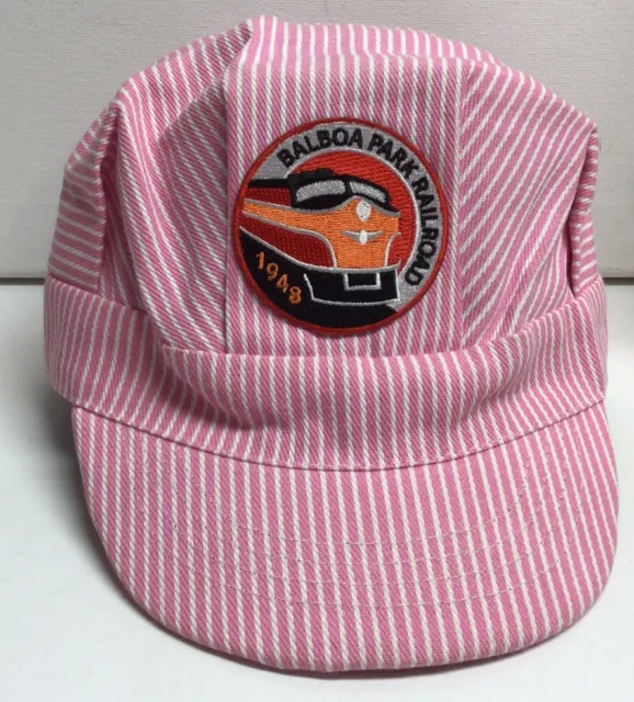 Vtg Childs Pink BALBOA PARK RAILROAD 1948 Hickory Stripe Engineer Hat Visor Cap
