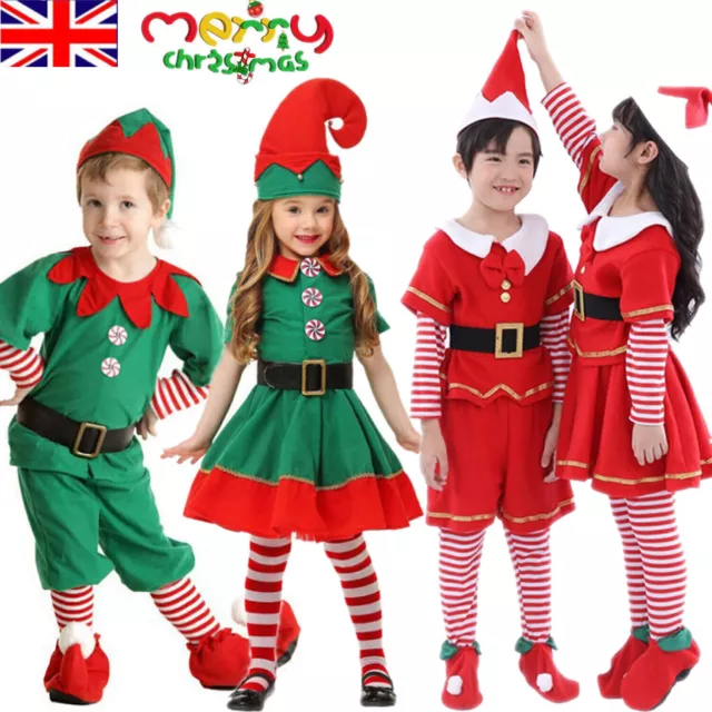 Christmas Xmas Santa Elf Costume Kids Boys Girls Fancy Dress Set Party Outfits.