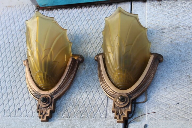 Antique Pair Art Deco Slip Shade Wall Sconce Glass Shade Theater Light Fixture