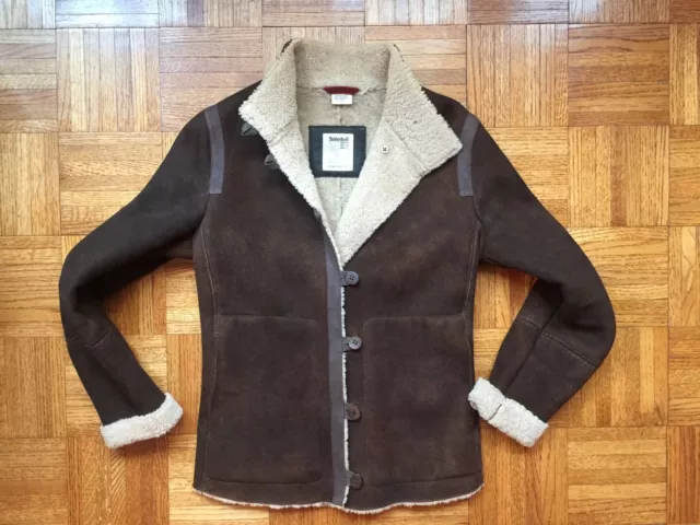 TIMBERLAND GENUINE SHEARLING Sheepskin Brown Leather Bomber Jacket