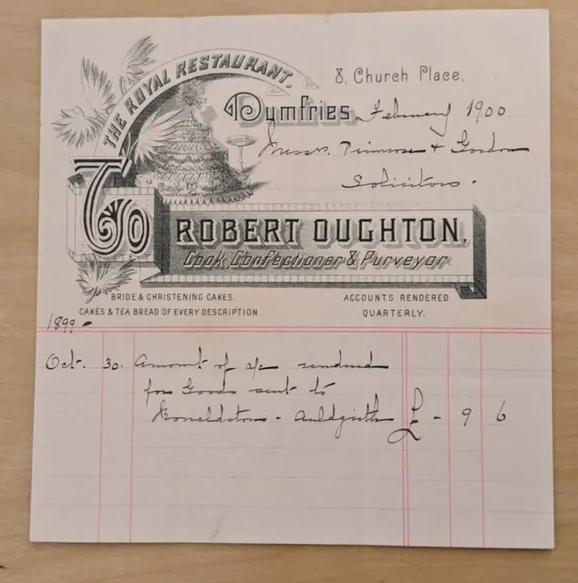 Vintage Receipt Original The Royal Restaurant Robert Oughton Dumfries 1900