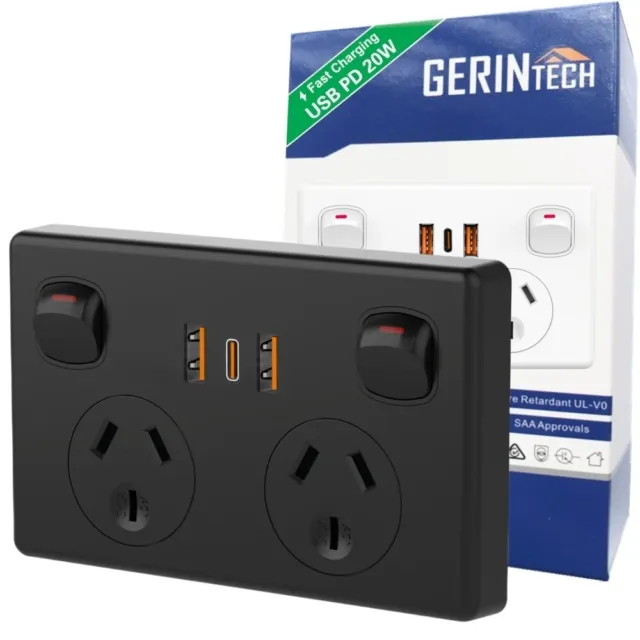 Gerintech Power Point with USB C PD 20W, Double Powerpoint Power Outlet, Black