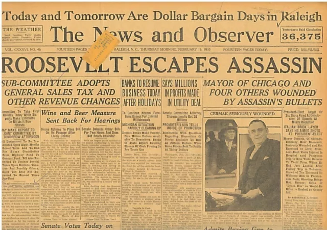 Roosevelt escapes assassin Cermak wounded Zingara captured February 16 1933 B26