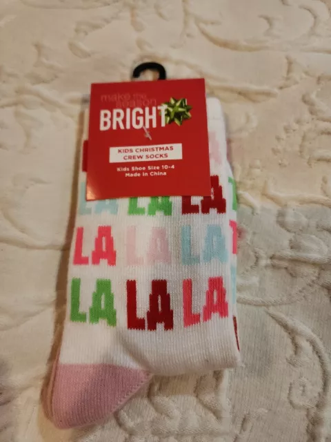 New*Make The Season Bright Kids Christmas Crew Socks Fa La La La Size 10-4