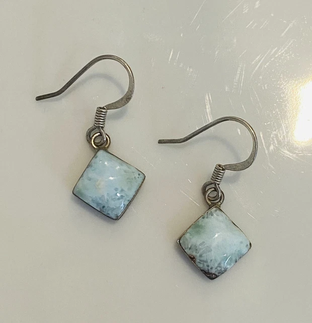 Sterling Silver Earrings /Long Dangle /Vintage Larimar 925  Silver Earrings