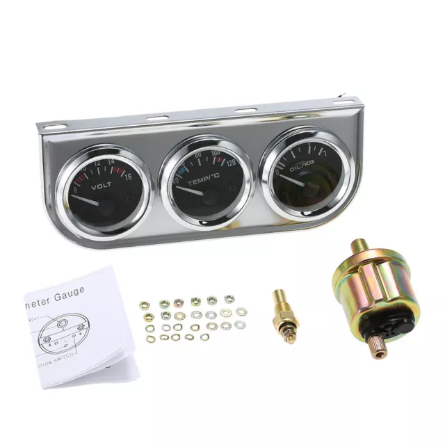 Universal 2" 52mm Chrome Volt Water Oil Pressure Triple 3 Gauge Set Gauges