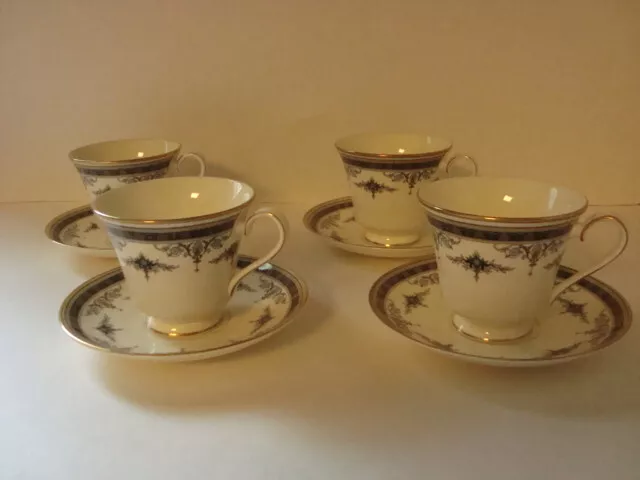 Minton Grasmere Blue set of 4 cups and saucers Fine Bone China ~ Excellent