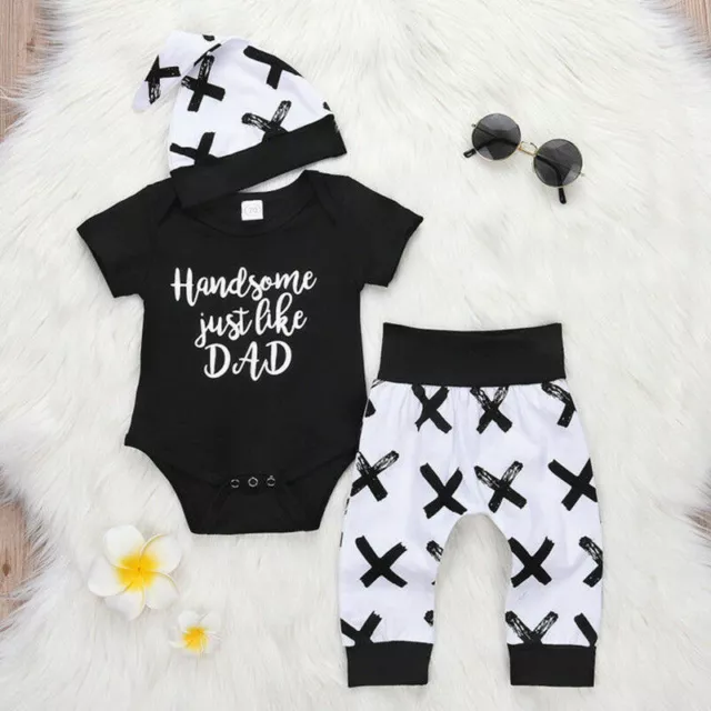 3pcs Newborn Kid Baby Boy Clothes Jumpsuit Romper Bodysuit Pants Hat Outfits Set