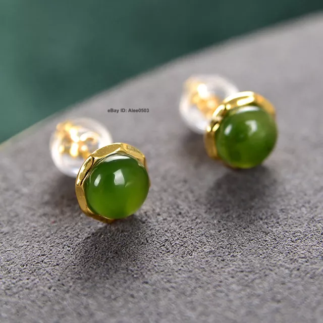 Solid 925 Sterling Silver With Natural Green Jade Stud Earrings 8mm W