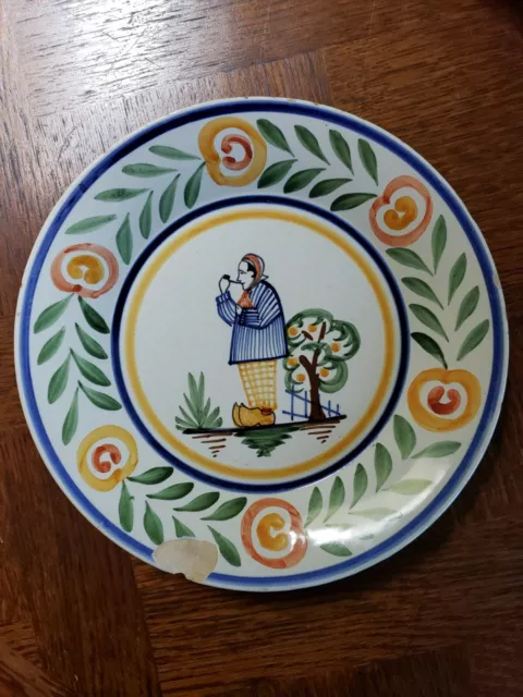 Vintage HB Quimper France Faience 9" Plate Handpainted with Breton