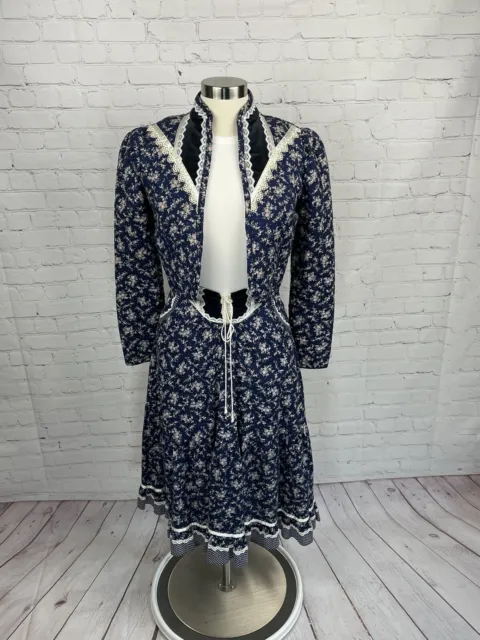 Vintage Gunne Sax Prairie Two Piece Skirt w/Quilted Jacket Blue Floral Sz 9