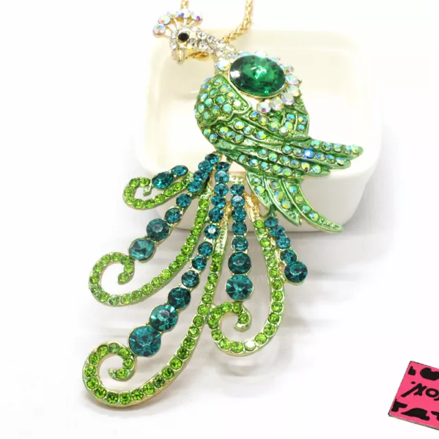 Betsey Johnson Green Bling Peacock Animal Crystal Pendant Women Necklace