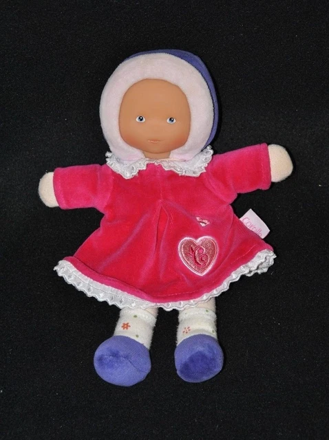 Peluche doudou poupée poupon COROLLE robe rose fushia cœur col 25 cm TTBE